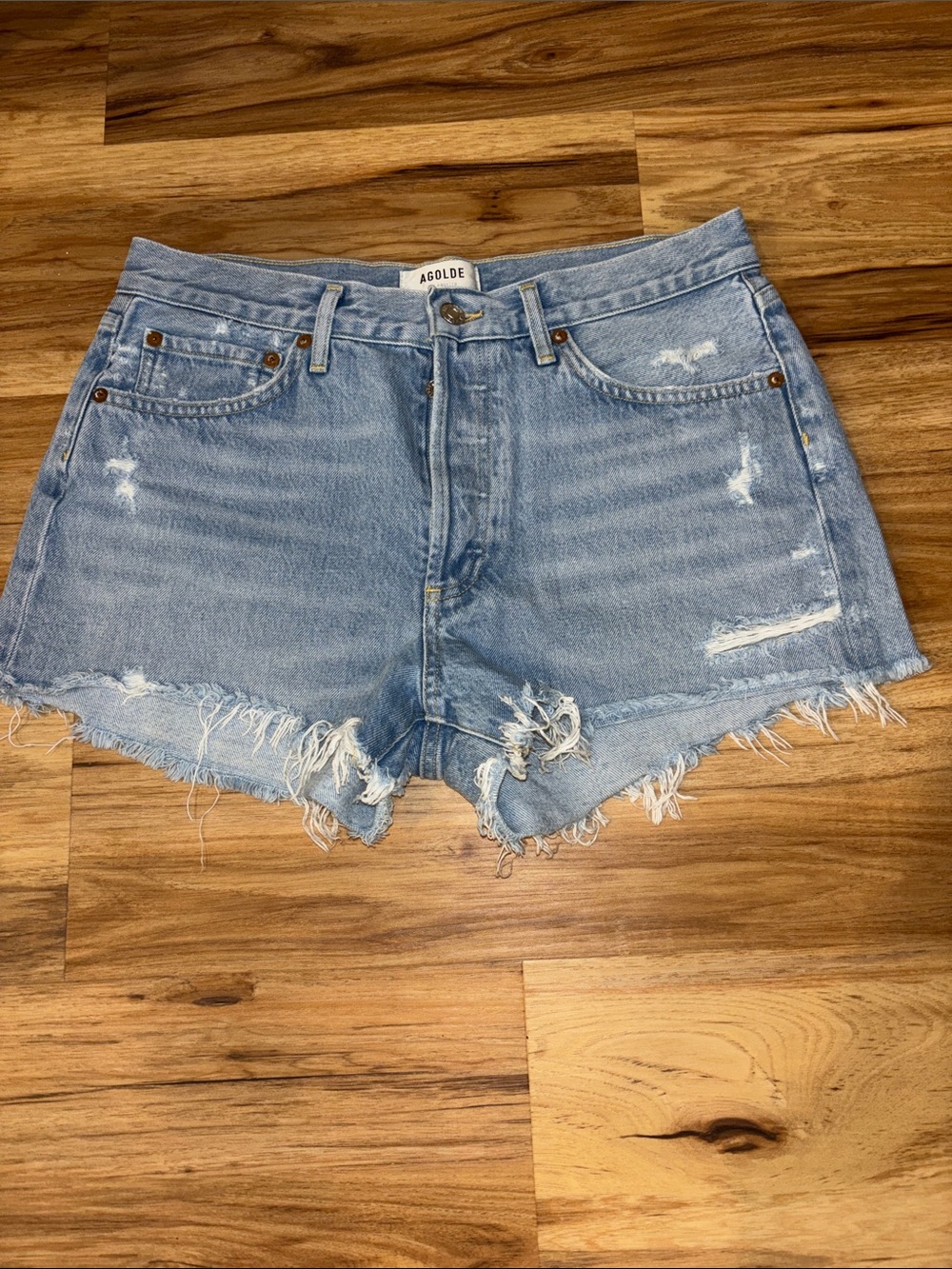 Agolde Light Wash Distressed Denim Cutoff Shorts